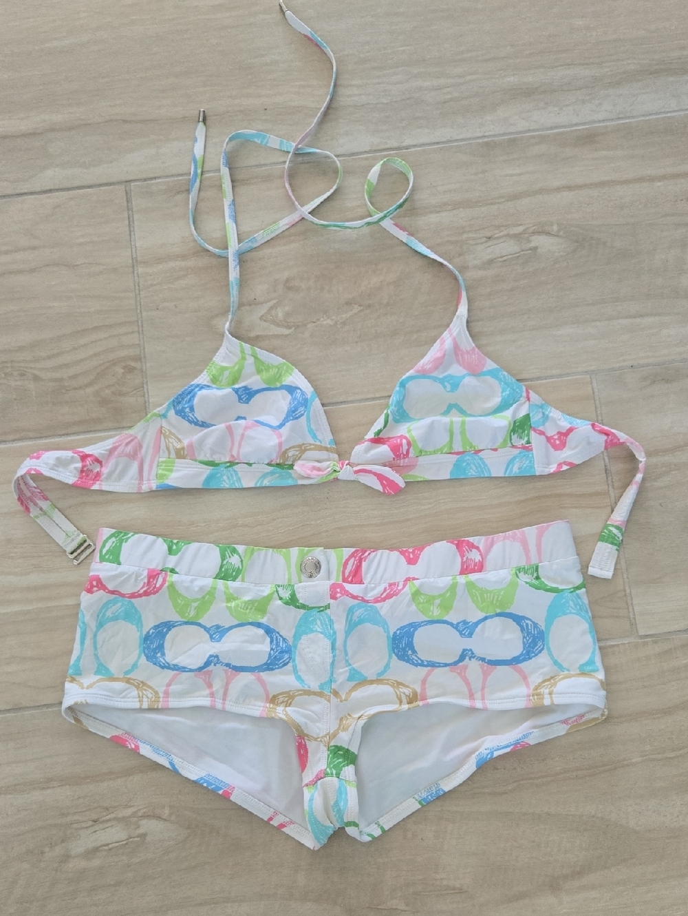 Coach Multicolor "C" Print Bikini Set — White, Blue & Lime